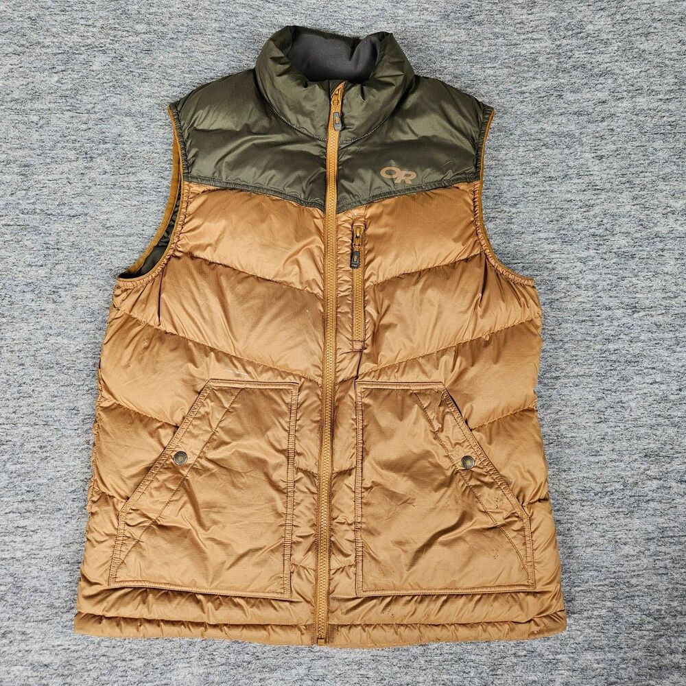 Outdoor Research Goose Down Puffy 2 Tone Vest Men's Size Large Mustard/Olive